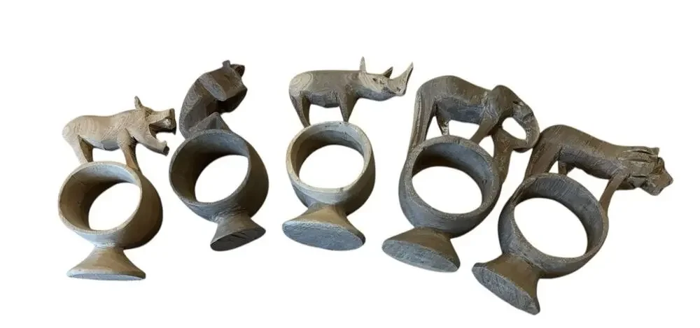 5 pc Set Hand Carved Wood African Safari Animal Napkin Rings Primitive